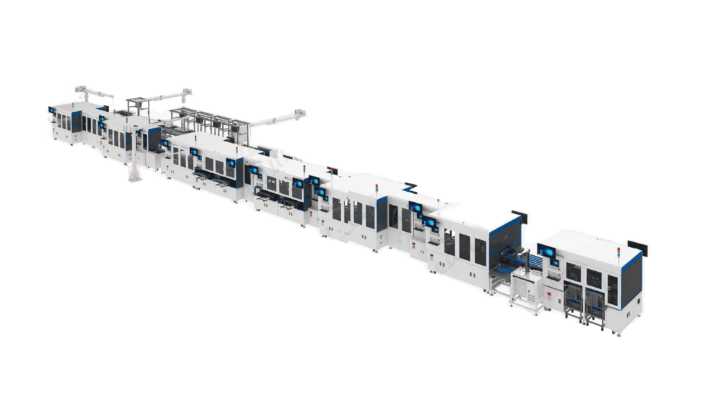 A long, automated assembly line for large cylindrical battery cells, made up of multiple white machine units with blue accents, interconnected by conveyor systems and equipped with digital control screens.