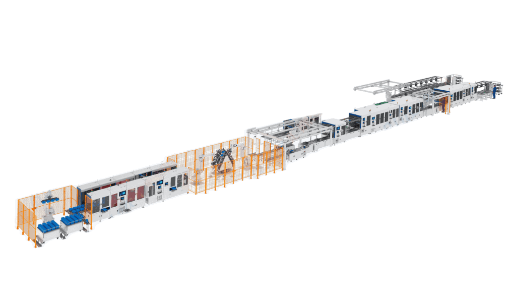 A large-scale, automated prismatic battery cell production line, consisting of several white machine modules with orange safety fencing and integrated robotic handling systems.