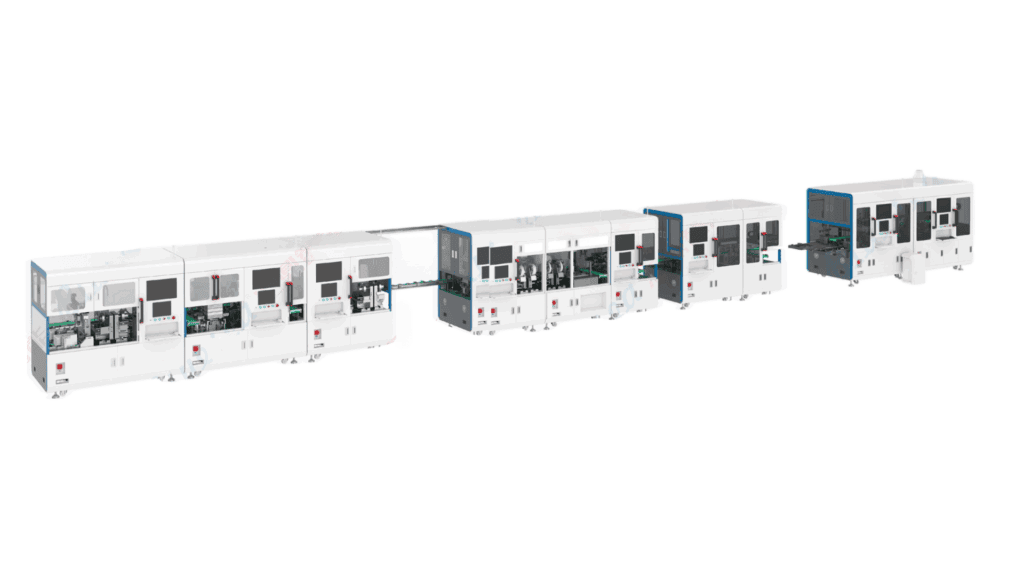 A modular, automated production line for small cylindrical battery cells, featuring multiple interconnected white machine units with transparent doors and control panels.