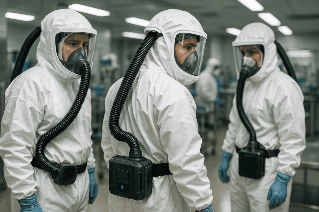 Healthcare workers wearing battery-powered air purification systems in white hazmat suits during COVID-19 pandemic response, demonstrating critical application of custom 2S2P 7.4V 5000mAh lithium battery packs manufactured by Lithium Battery Company.