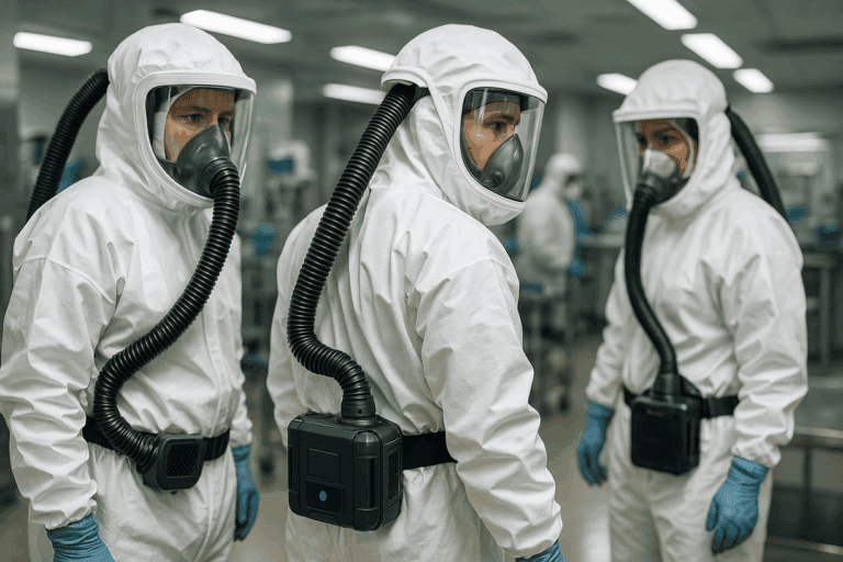 Healthcare workers wearing battery-powered air purification systems in white hazmat suits during COVID-19 pandemic response, demonstrating critical application of custom 2S2P 7.4V 5000mAh lithium battery packs manufactured by Lithium Battery Company.