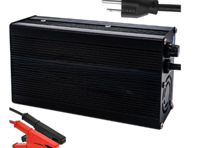 A robust 43.8V 8A LiFePO4 battery charger with a metallic body, perfect for charging 36V LiFePO4 batteries. It includes alligator clips for easy connectivity.