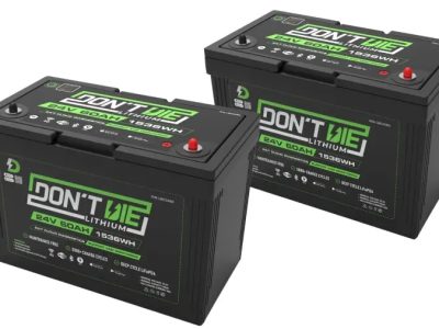 A top-down shot of a 24V 120Ah lithium trolling motor battery, with visible branding and safety certification marks, illustrating its suitability for powering marine equipment.