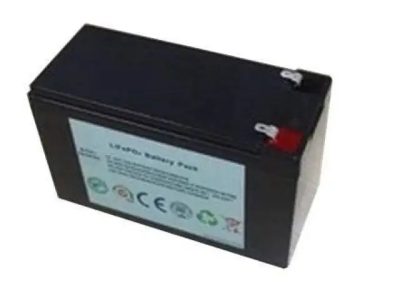 Image of a 12V 7.5AH lithium-ion battery with a rectangular shape, two terminal connectors, and labels showing voltage, capacity, and brand information.