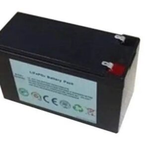Image of a 12V 7.5AH lithium-ion battery with a rectangular shape, two terminal connectors, and labels showing voltage, capacity, and brand information.