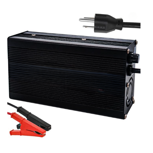 A robust 43.8V 8A LiFePO4 battery charger with a metallic body, perfect for charging 36V LiFePO4 batteries. It includes alligator clips for easy connectivity.
